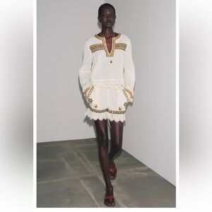 Zara White and Yellow Embroidered Short Set